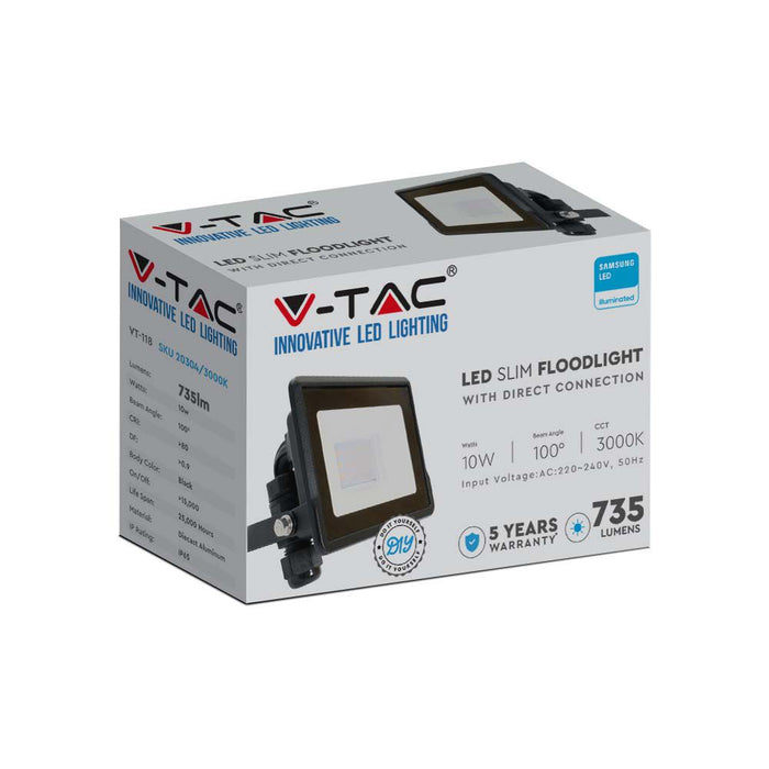 (Lot de 20) Projecteur LED 10W VT-118 avec puce Samsung, connexion directe, 4000K corps noir