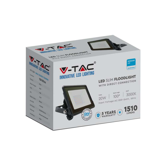 (Lot de 20) Projecteur LED 20W VT-128 avec puce Samsung, Connexion Directe, Corps Noir 6500K