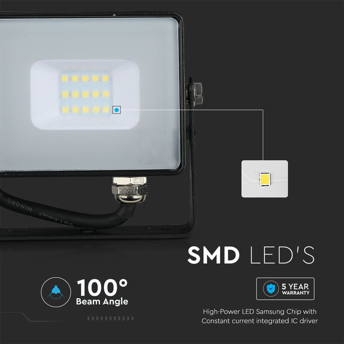 (Lot de 20) Projecteur LED 10W SMD avec puce Samsung, câble de 1m, 6500K, corps noir et verre gris