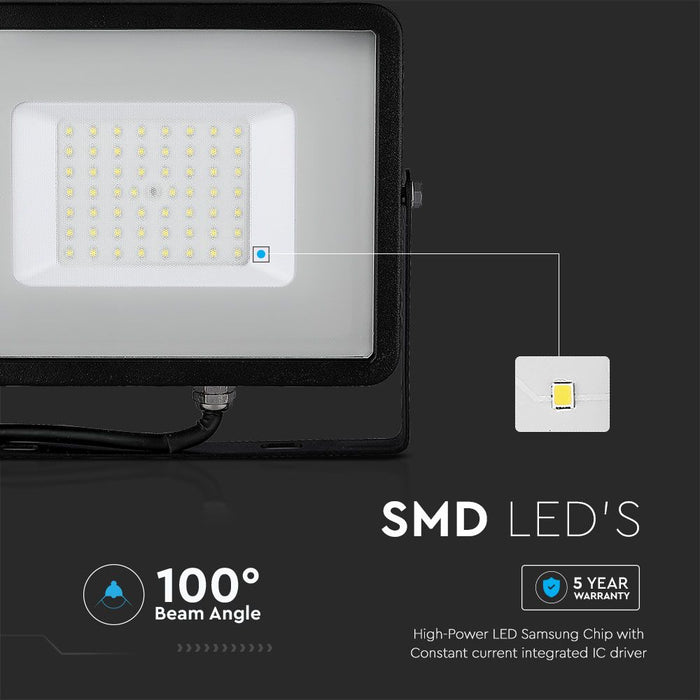 (Lot de 8) Projecteur LED 50W SMD VT-50-1 avec puce Samsung, câble de 1m, 4000K, corps noir et verre gris