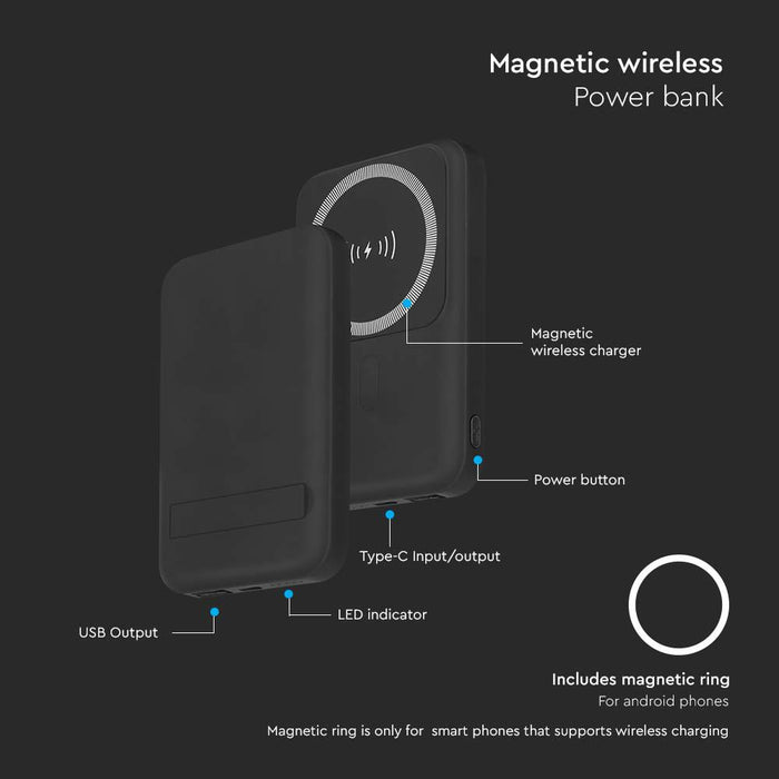 (Lot de 40) Batterie Externe Magnétique sans Fil 10000mAh avec Anneau Métallique - Noir