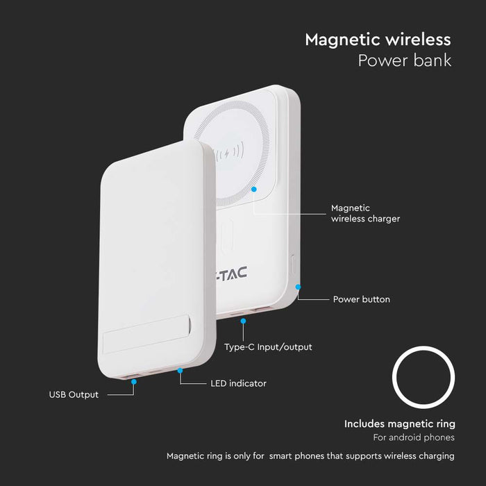 (Lot de 40) Batterie Externe Magnétique sans Fil 10000mAh avec Anneau Métallique - Blanc