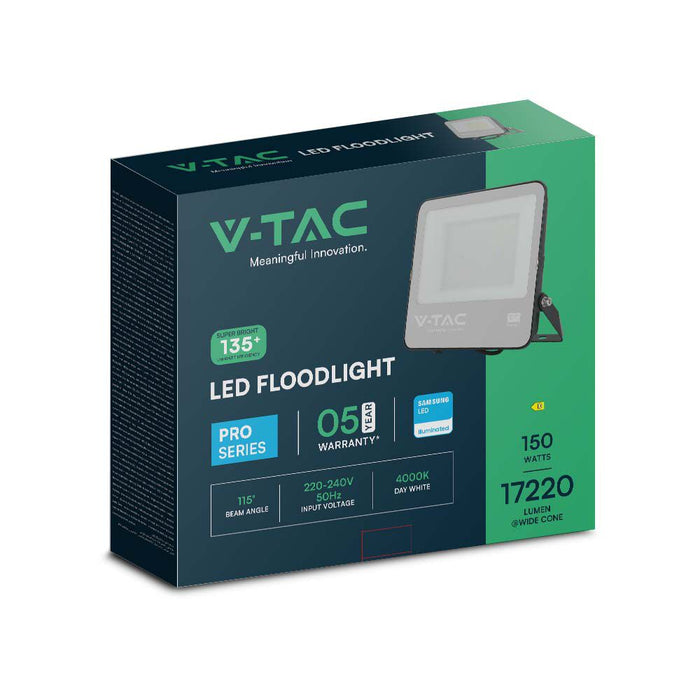 (Lot de 4) Projecteur LED 150W VT-44153 avec puce Samsung, câble de 1m, 4000K, corps noir et verre gris 135LM/W