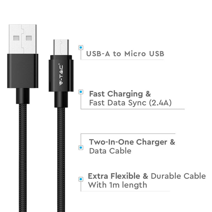 (Lot de 400) Câble en Nylon Tressé Micro USB 1m - Noir (Série Platinum)