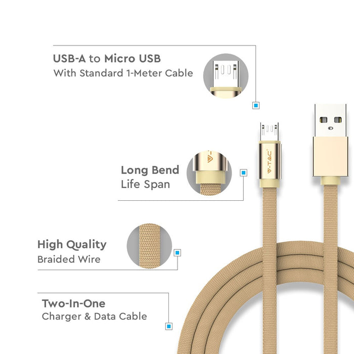 (Lot de 400) Câble tressé micro USB 1m en tissu de coton - Or (Série Ruby)