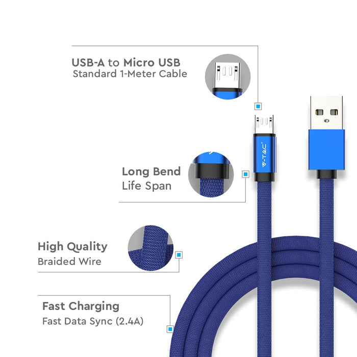 (Lot de 400) Câble tressé micro USB 1m en tissu de coton - Bleu (Série Ruby)