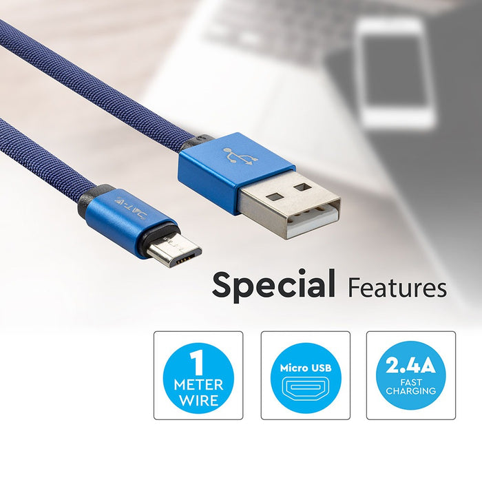 (Lot de 400) Câble tressé micro USB 1m en tissu de coton - Bleu (Série Ruby)