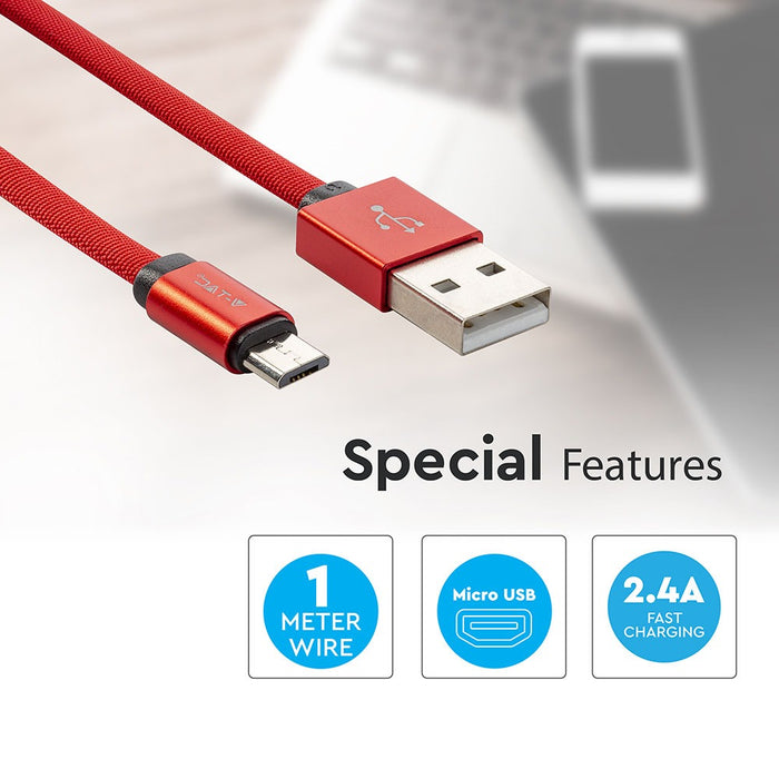 (Lot de 400) Câble Micro USB tressé 1M avec tissu en coton - Rouge (Série Ruby)