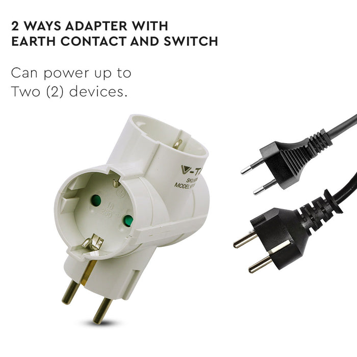 (Lot de 100) Adaptateur 2 Voies VT-1008-2 avec Contact de Mise à la Terre 10/16A 250V Blanc