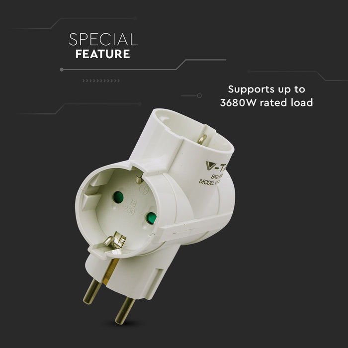 (Lot de 100) Adaptateur 2 Voies VT-1008-2 avec Contact de Mise à la Terre 10/16A 250V Blanc