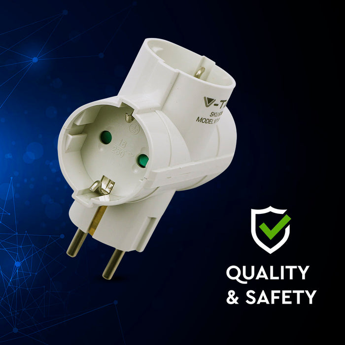 (Lot de 100) Adaptateur 2 Voies VT-1008-2 avec Contact de Mise à la Terre 10/16A 250V Blanc