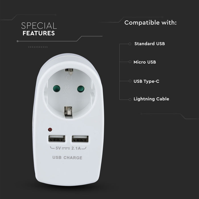 (Lot de 60) Adaptateur de prise VT-1044 EU avec contact de mise à la terre et interface de charge - Blanc