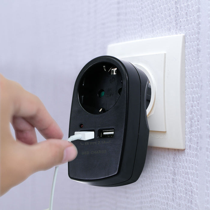 (Lot de 60) Adaptateur de Prise EU VT-1044 avec Contact de Mise à la Terre et Interface de Charge - Noir