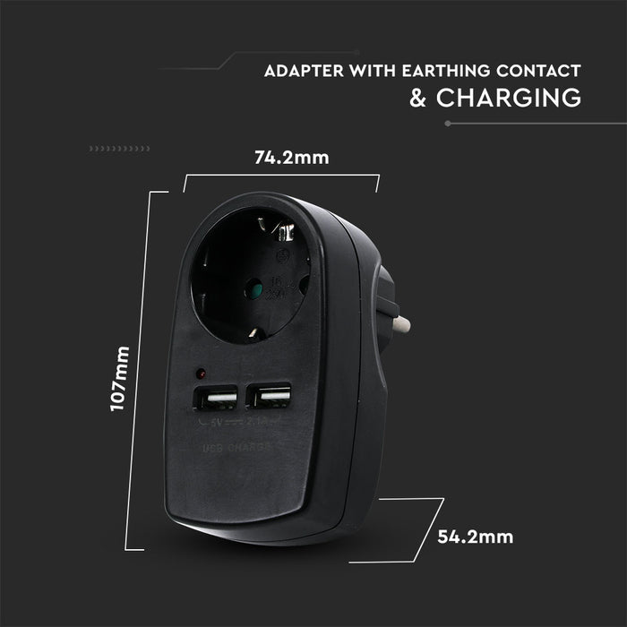 (Lot de 60) Adaptateur de Prise EU VT-1044 avec Contact de Mise à la Terre et Interface de Charge - Noir
