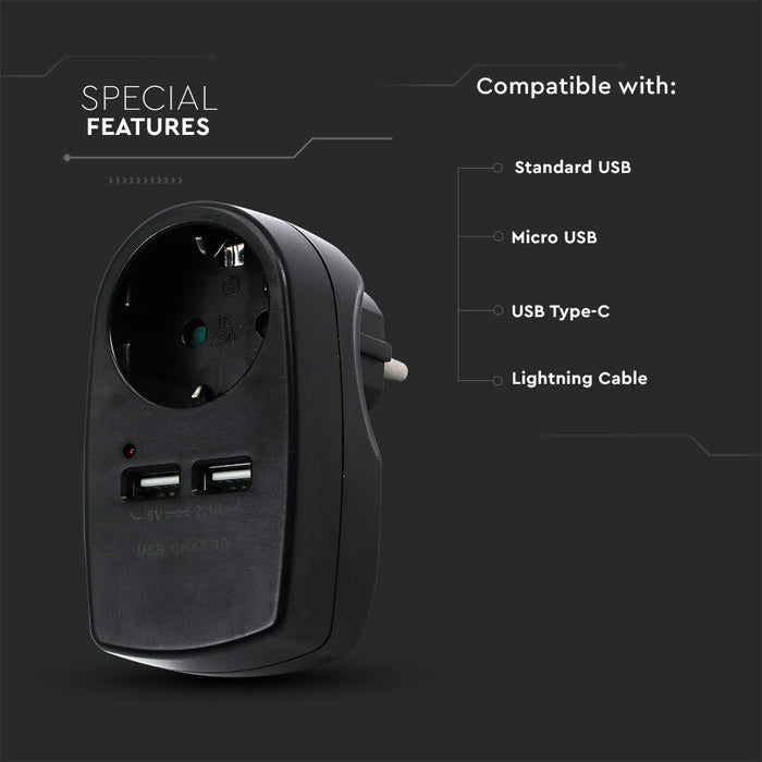 (Lot de 60) Adaptateur de Prise EU VT-1044 avec Contact de Mise à la Terre et Interface de Charge - Noir