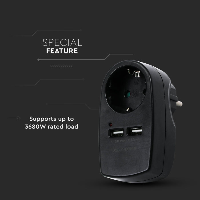 (Lot de 60) Adaptateur de Prise EU VT-1044 avec Contact de Mise à la Terre et Interface de Charge - Noir