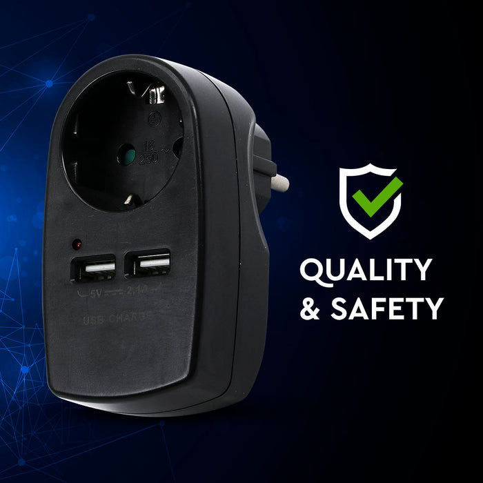 (Lot de 60) Adaptateur de Prise EU VT-1044 avec Contact de Mise à la Terre et Interface de Charge - Noir