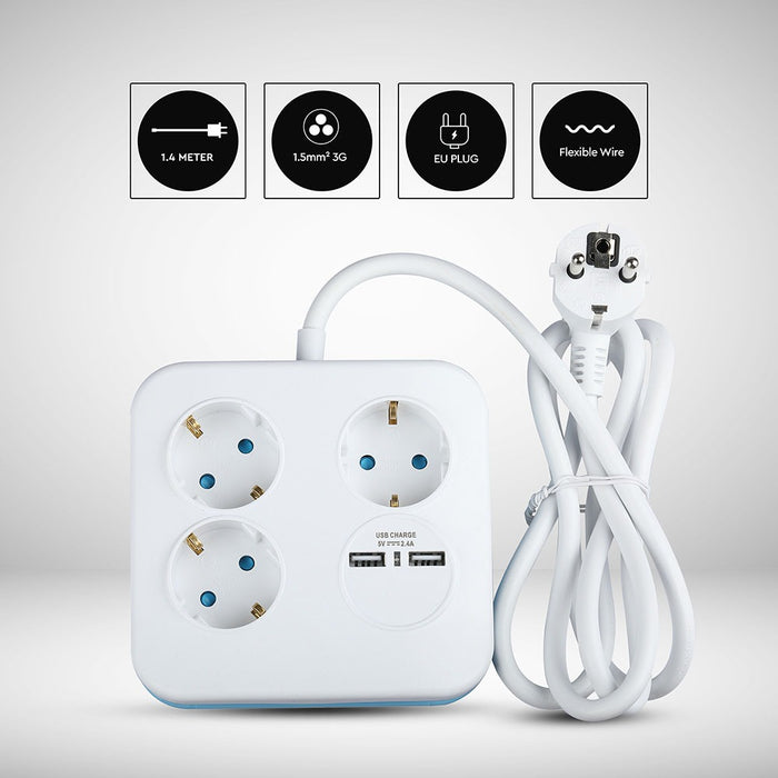 (Lot de 40) Prise 3 Voies avec USB (3G1.5mm2 X 1.4m) - Carrée