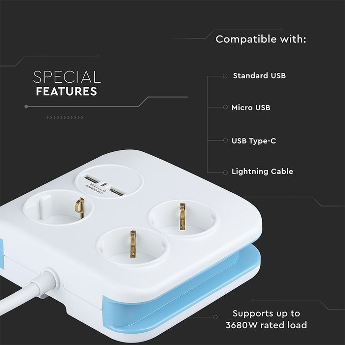 (Lot de 40) Prise 3 Voies avec USB (3G1.5mm2 X 1.4m) - Carrée