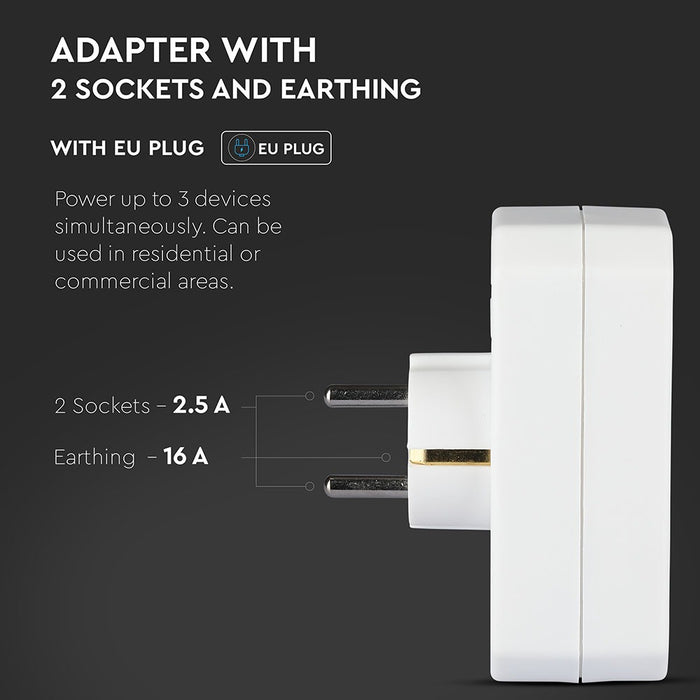 (Lot de 200) Adaptateur VT-1053 avec 2 prises (2.5A/16A) avec mise à la terre - Blanc