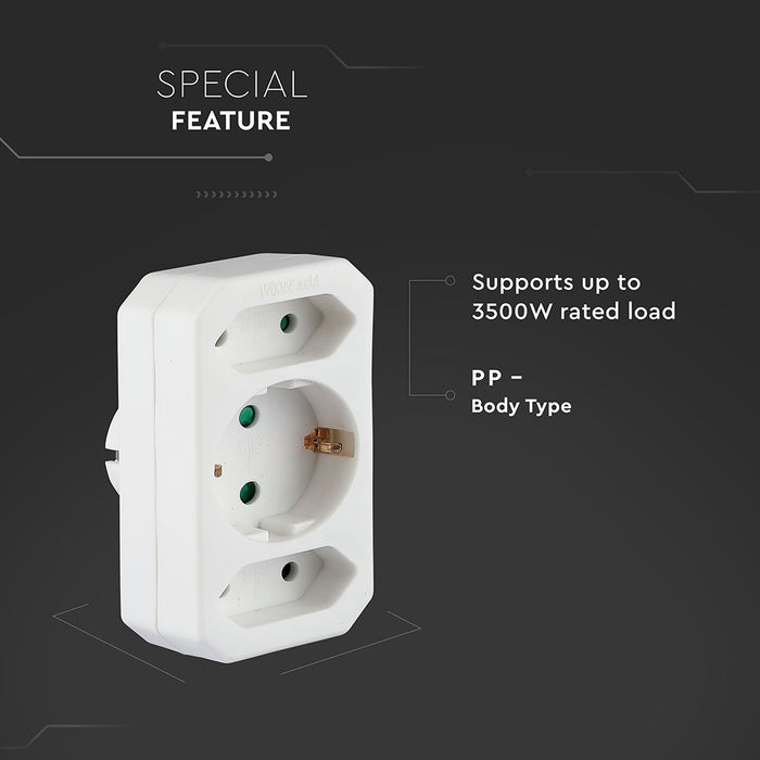(Lot de 200) Adaptateur VT-1053 avec 2 prises (2.5A/16A) avec mise à la terre - Blanc