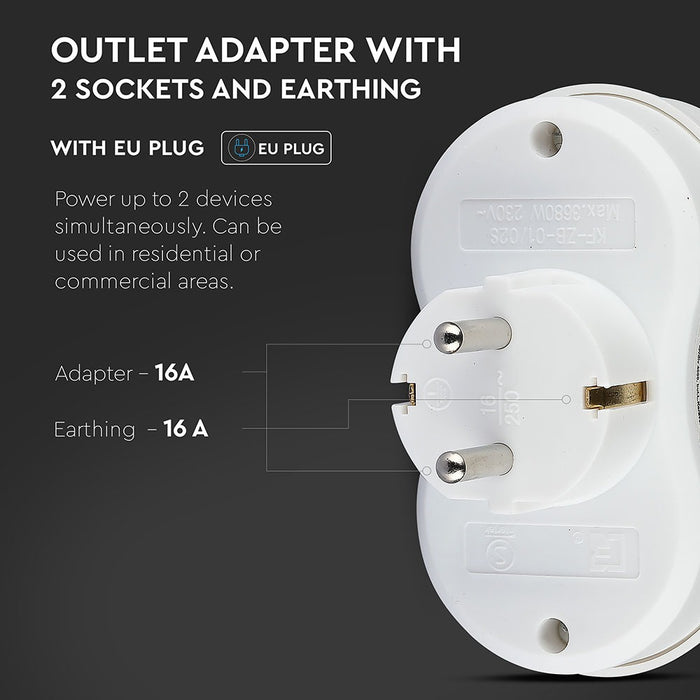 (Lot de 200) Adaptateur 2 prises VT-1042 16A avec contact de mise à la terre 16A - Blanc
