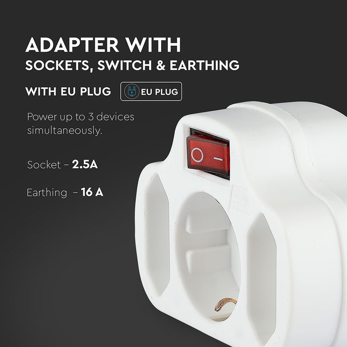 (Lot de 200) Adaptateur VT-1063 avec 2 prises 2.5A et 1 prise 16A avec mise à la terre - Blanc